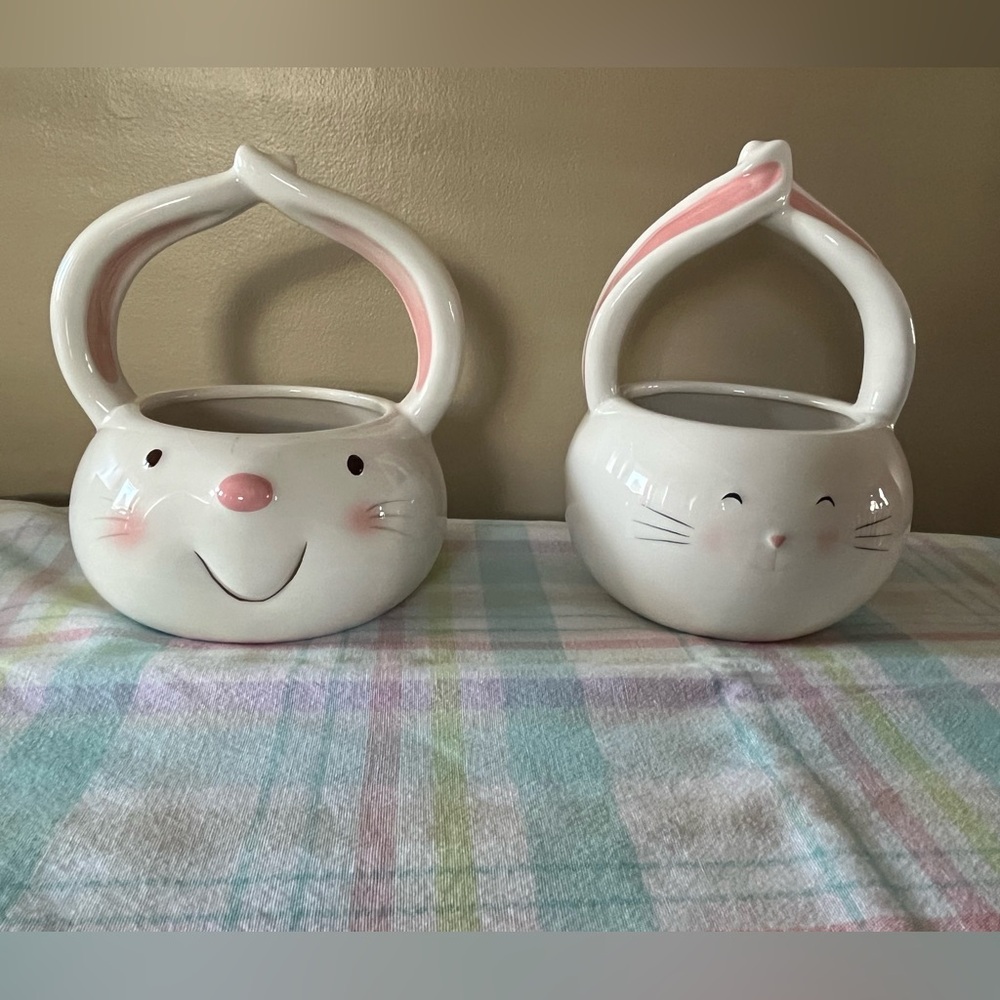 Ceramic Bunny Baskets with Pink Accents